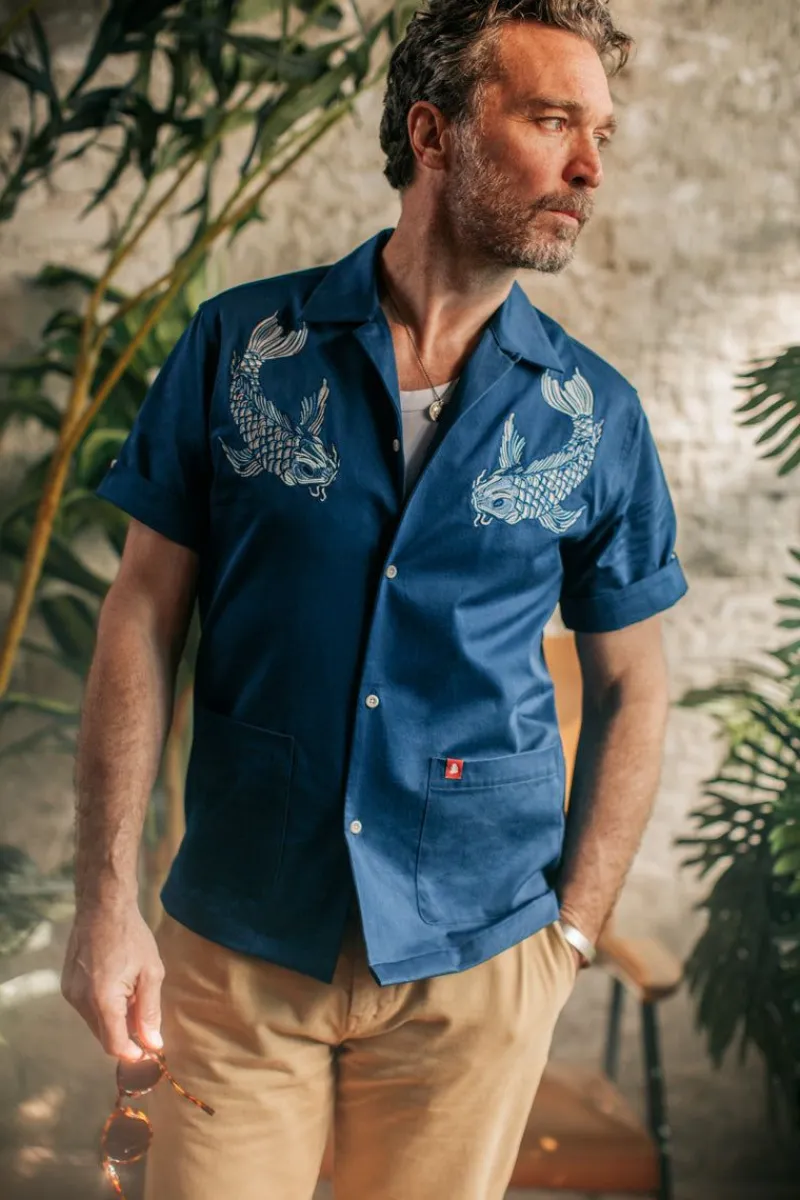 &SONS Club Shirt Koi Carp Embroidered Blue Cheap