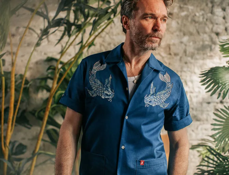 &SONS Club Shirt Koi Carp Embroidered Blue Cheap