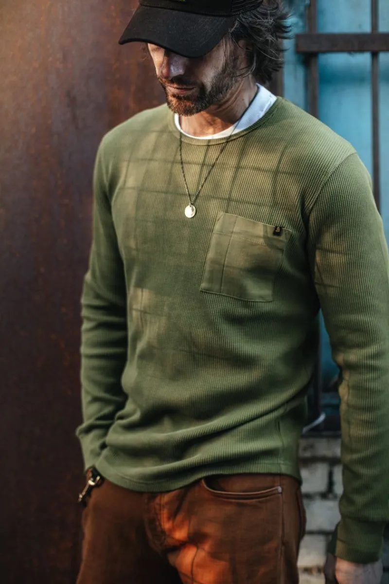 &SONS Glen Pocket Waffle Crew Surplus Green Sale