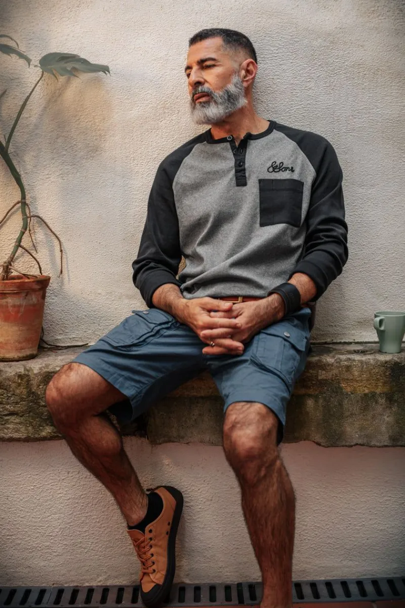 &SONS Infield Raglan Henley Shirt Grey/Charcoal Store
