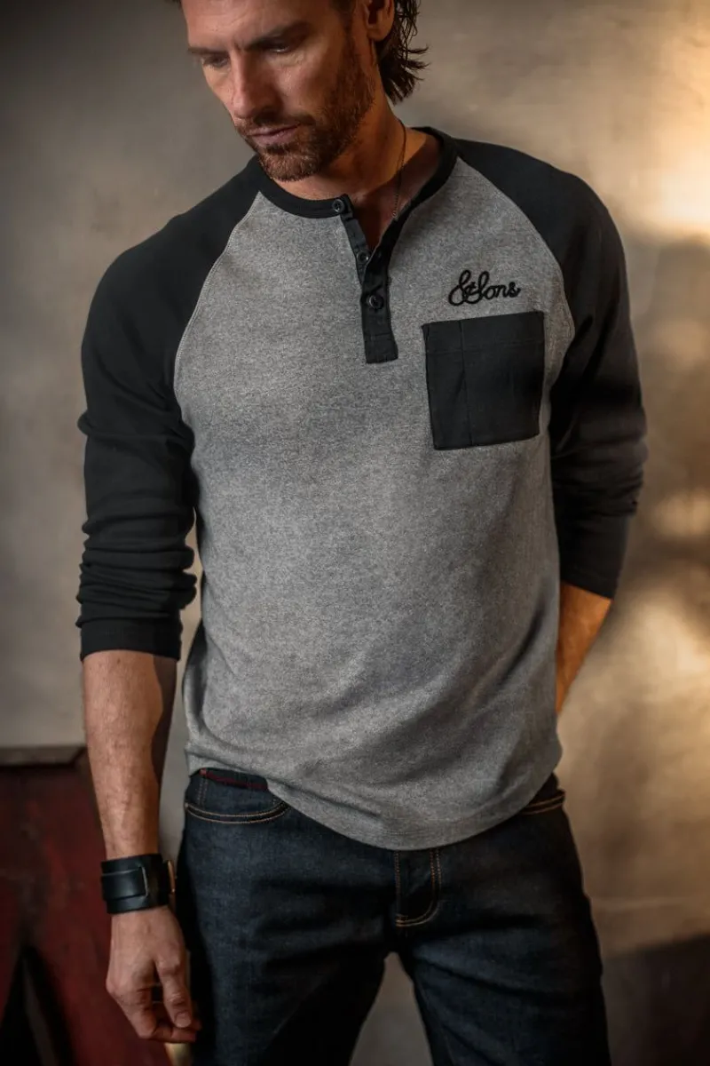 &SONS Infield Raglan Henley Shirt Grey/Charcoal Store