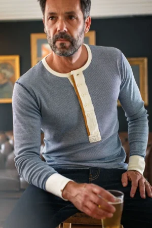 &SONS Wilder Henley Ticking Blue Clearance